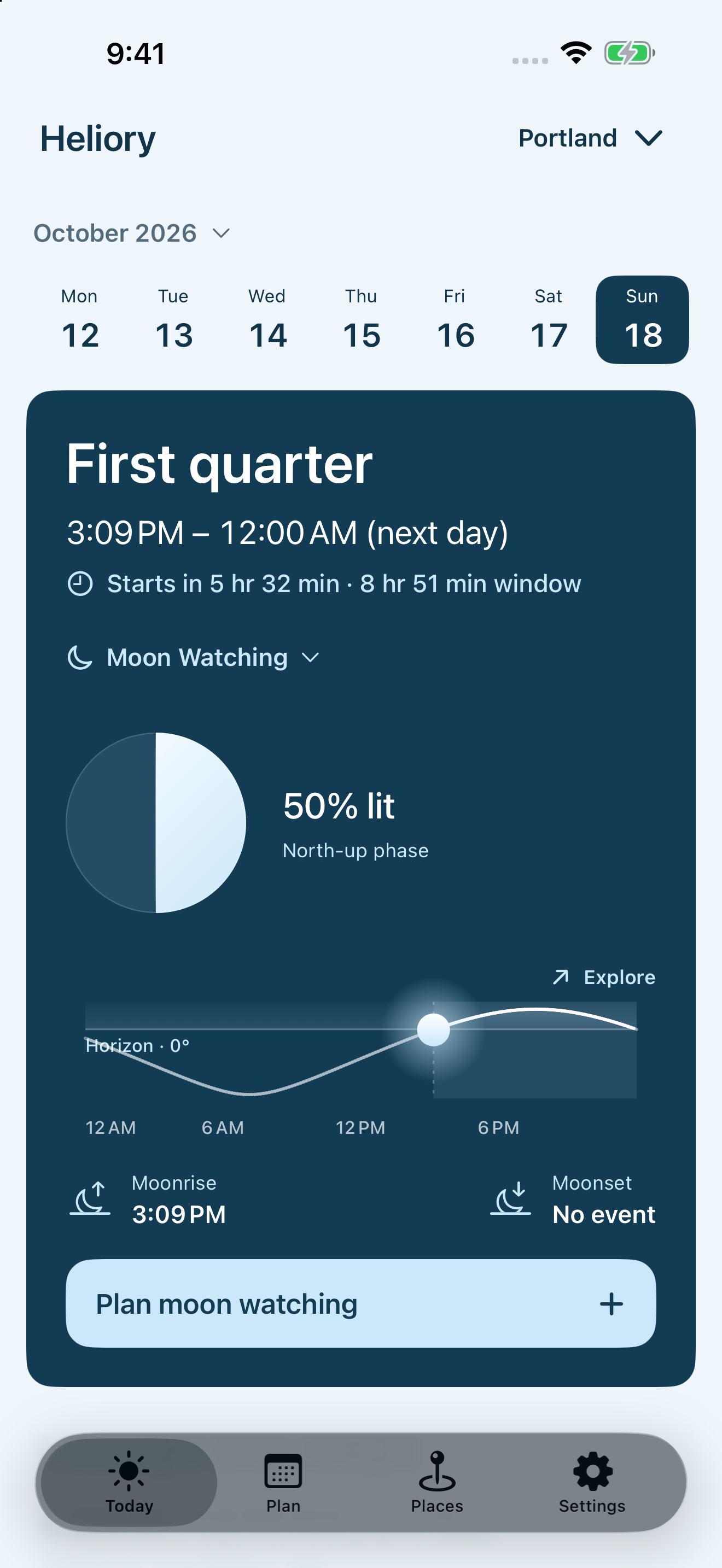 Heliory Moon Watching showing the first-quarter phase and moonrise