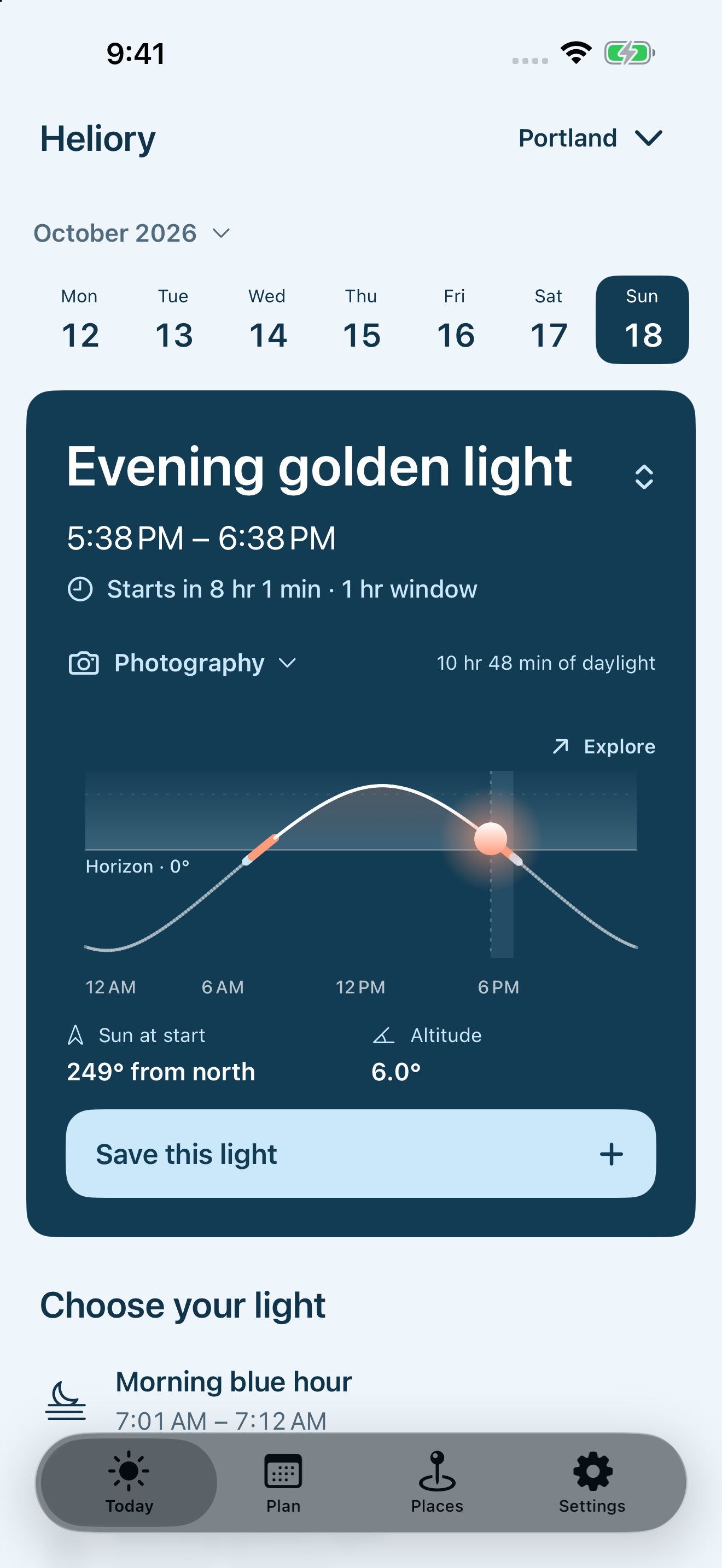 Heliory Photography showing evening golden light and the sun path in Portland