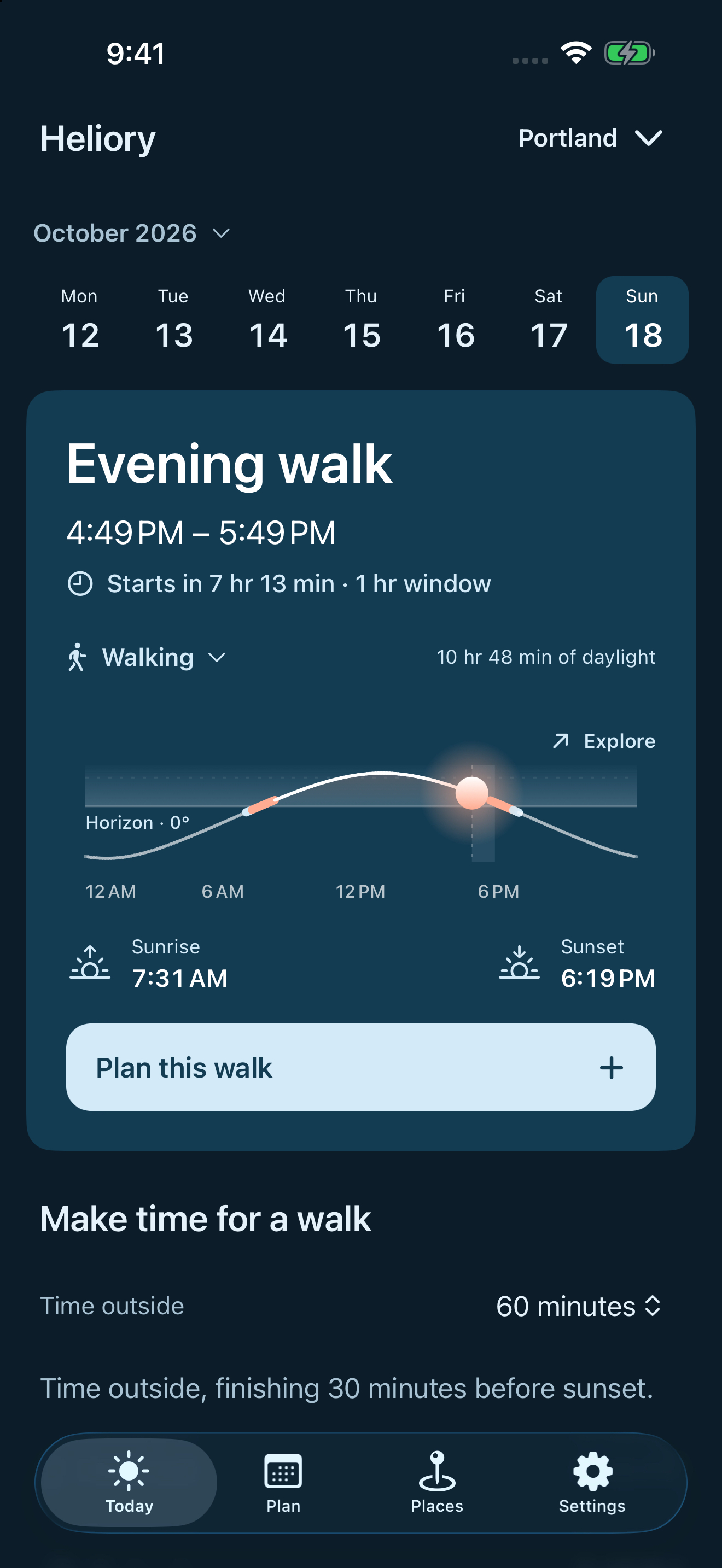 Heliory Walking in dark mode with an evening walk window