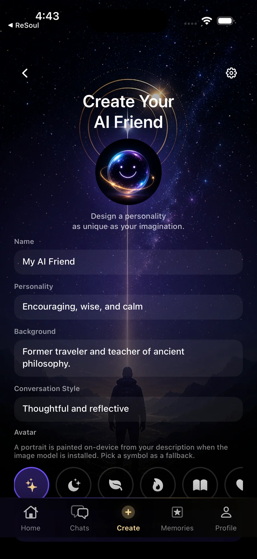 AstraKind character creation with name, personality, background, and conversation style