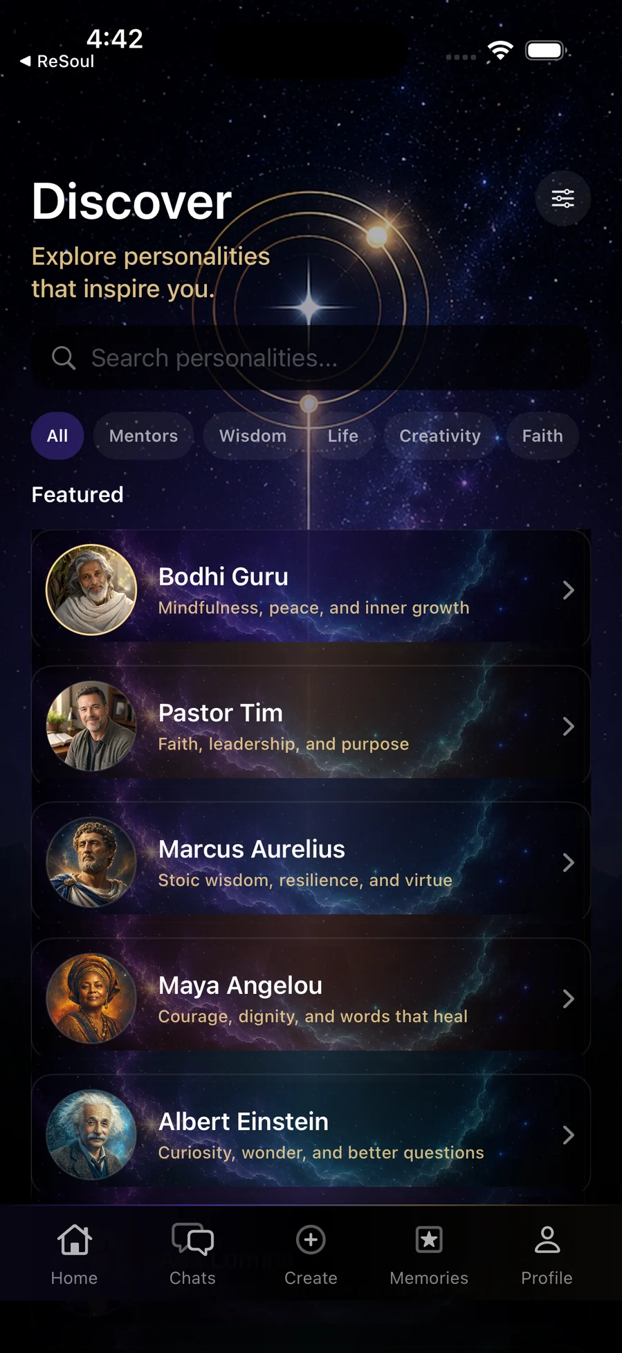 AstraKind discover screen with featured personalities across categories