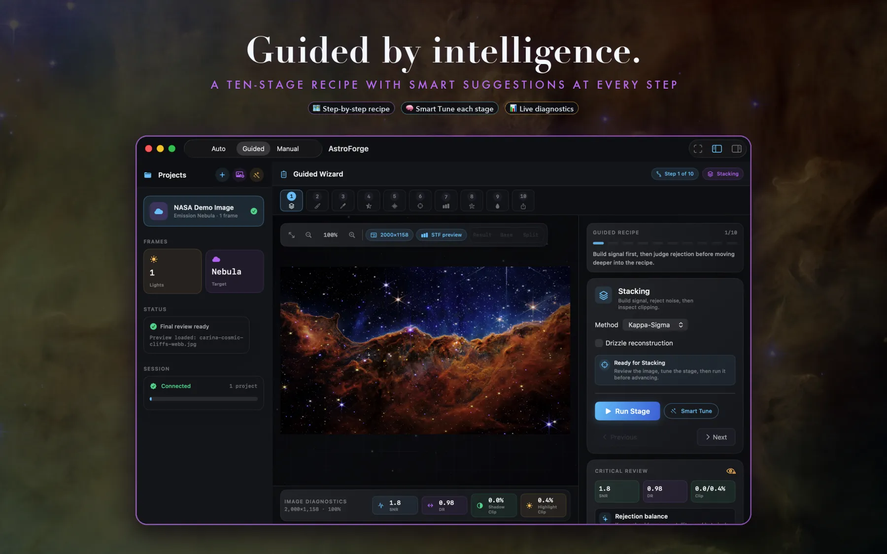 AstroForge Guided Wizard walking through an astrophotography workflow