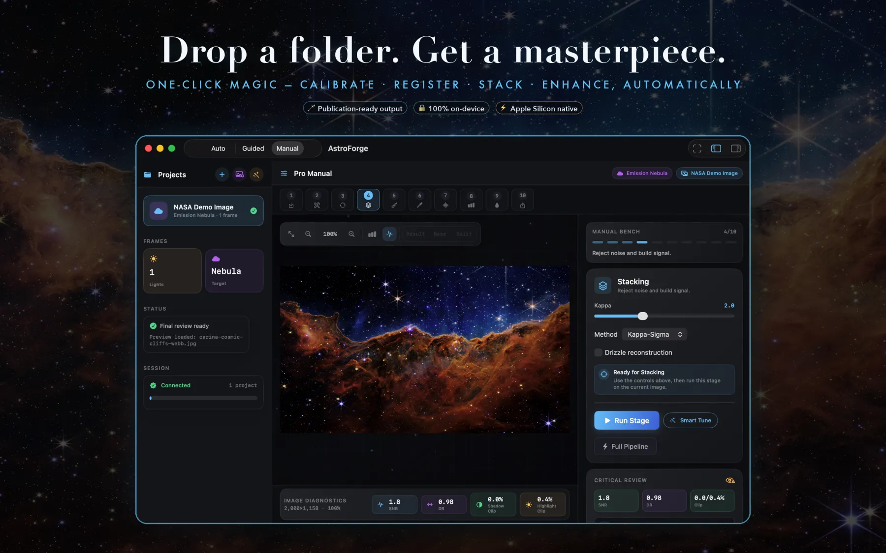 AstroForge One-Click Magic marketing screen with the Pro Manual workspace