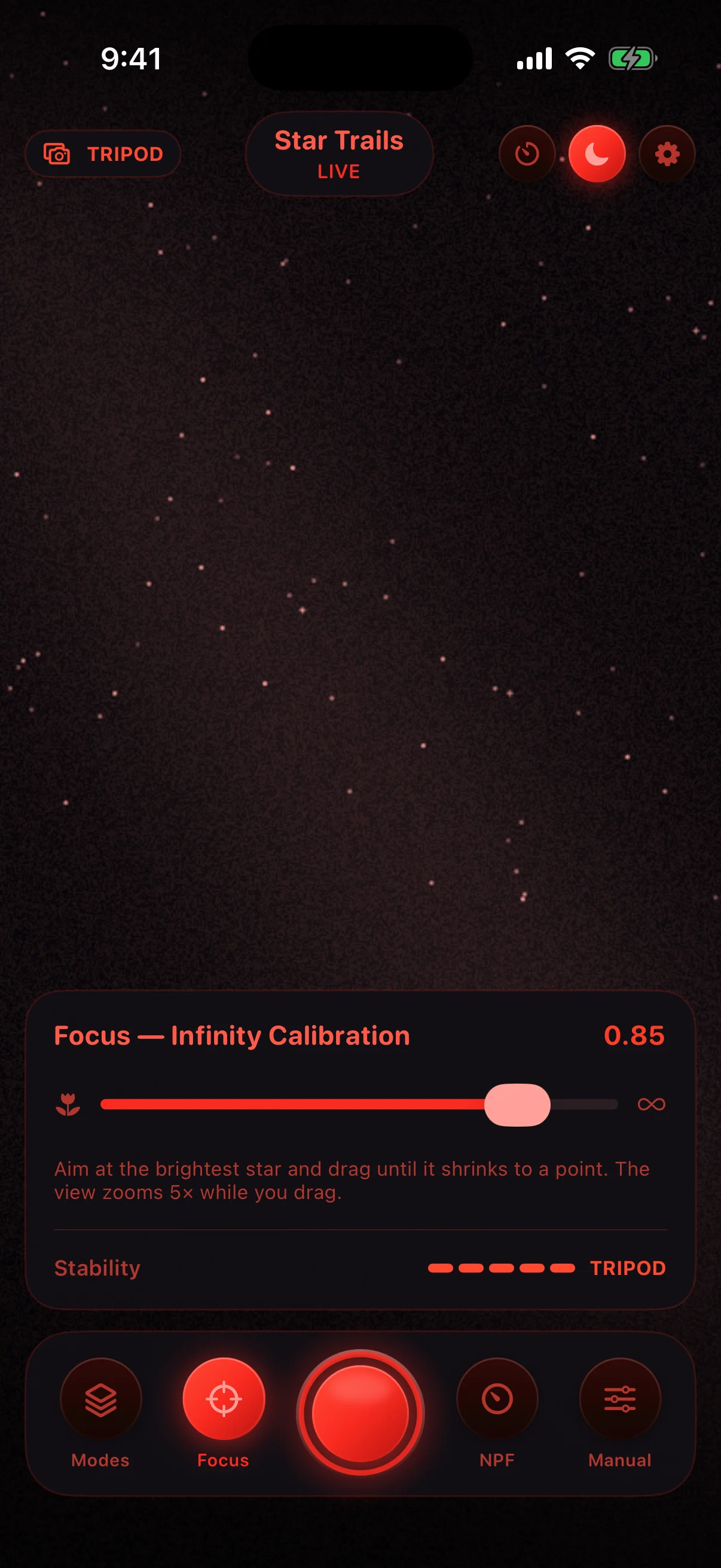 AstroGlow night-vision interface in deep red with focus calibration panel