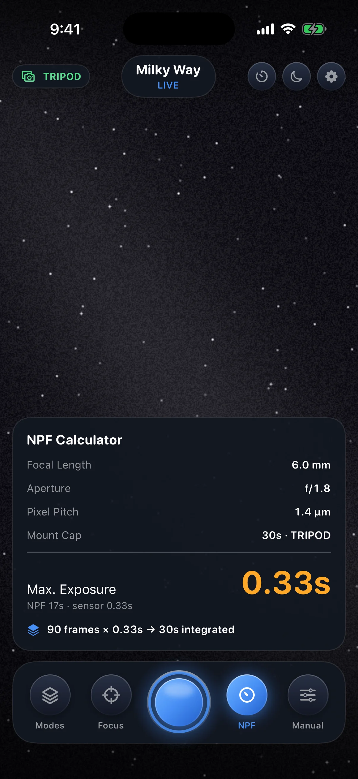 AstroGlow NPF calculator panel showing focal length, aperture, and exposure plan