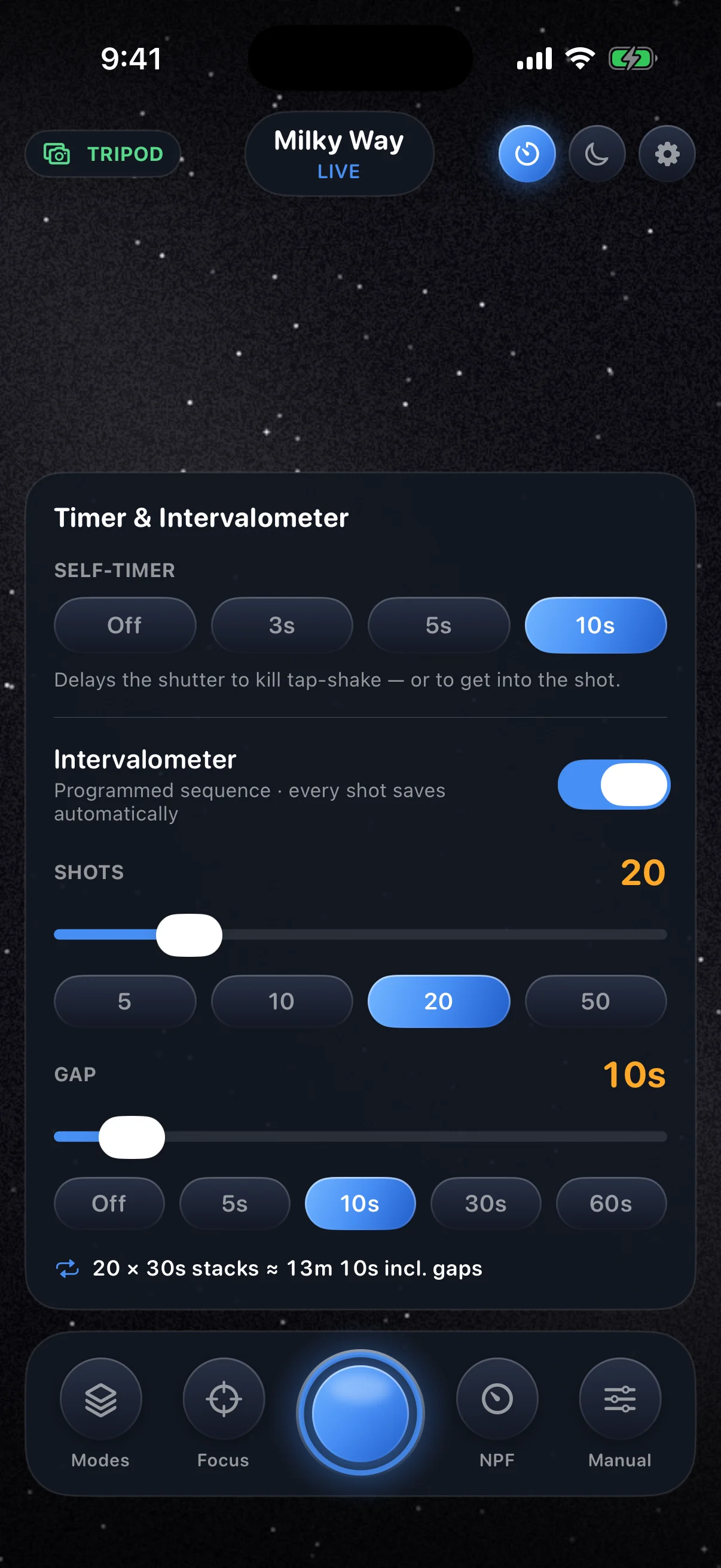 AstroGlow timer panel with self-timer presets and programmable intervalometer