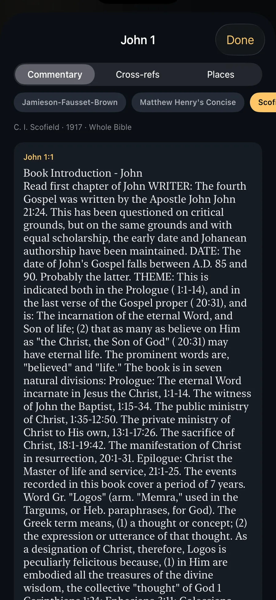 Calvary Compass study panel showing Scofield Reference Notes on John 1