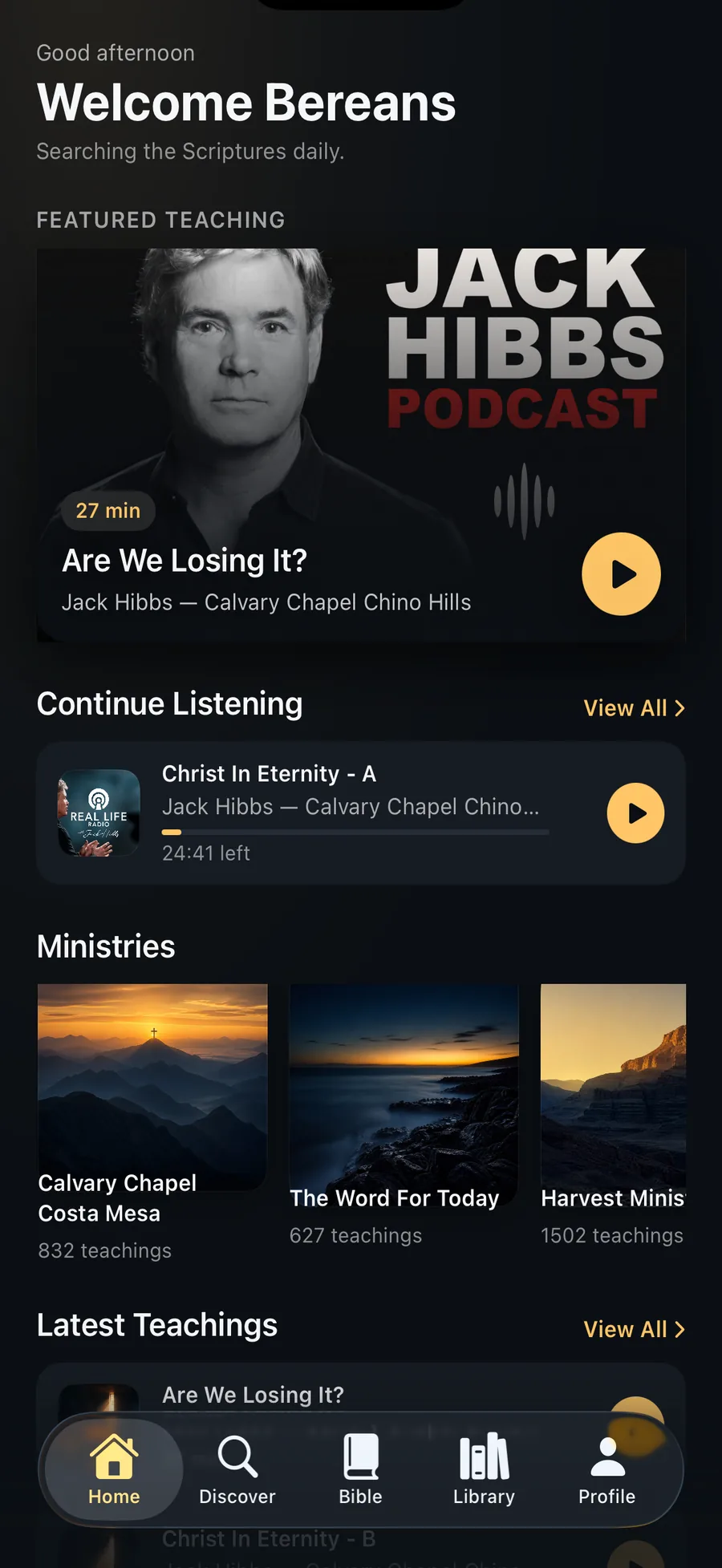 Calvary Compass home screen with featured teaching and continue listening