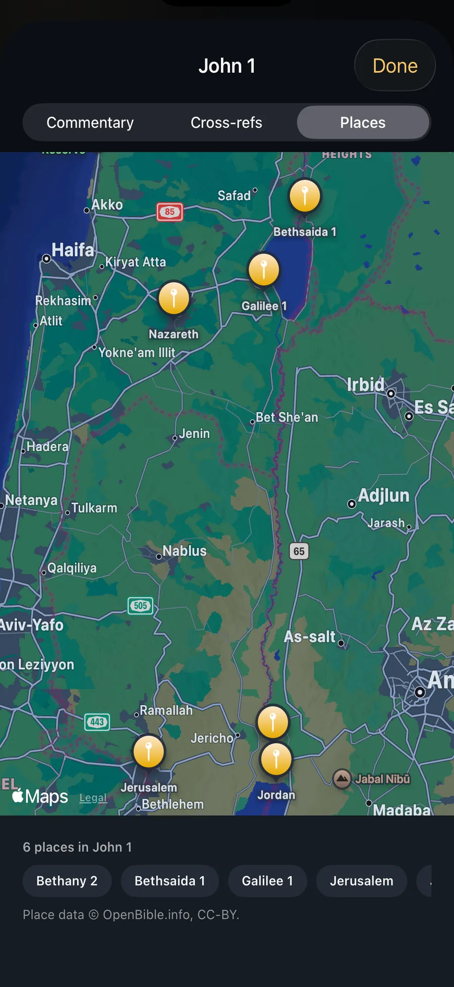 Calvary Compass map showing the six biblical places named in John 1