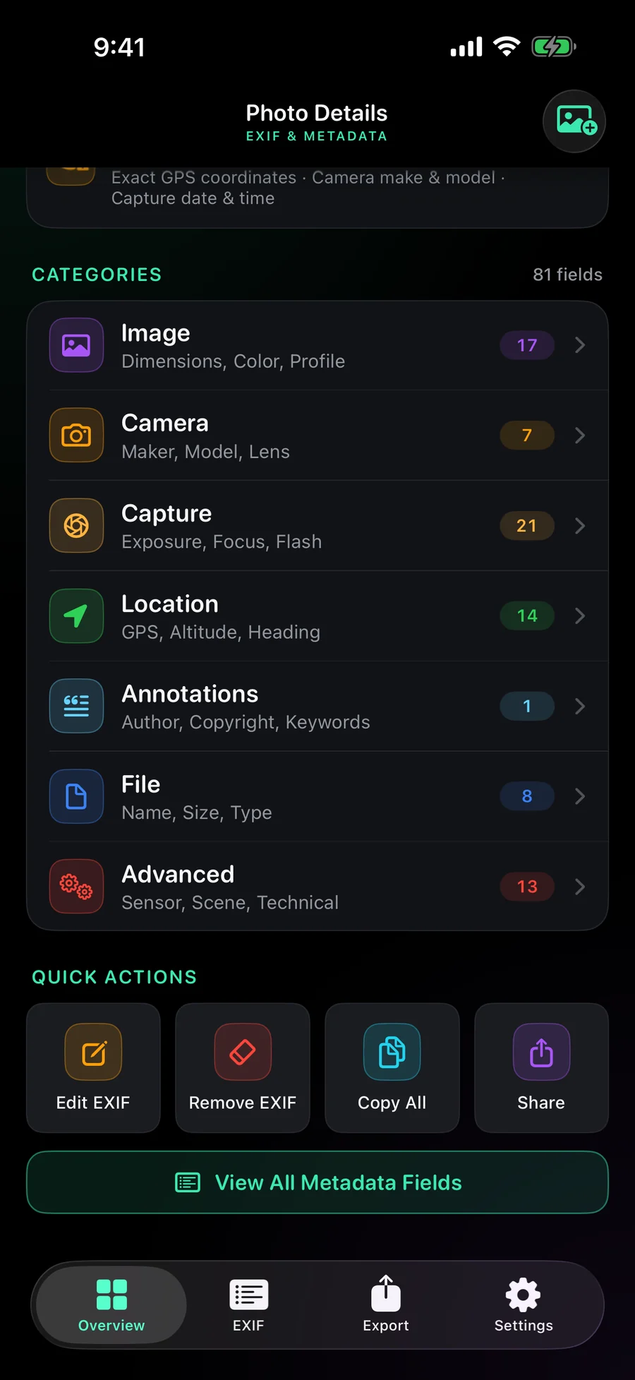 EXIF Magic metadata categories with live field counts