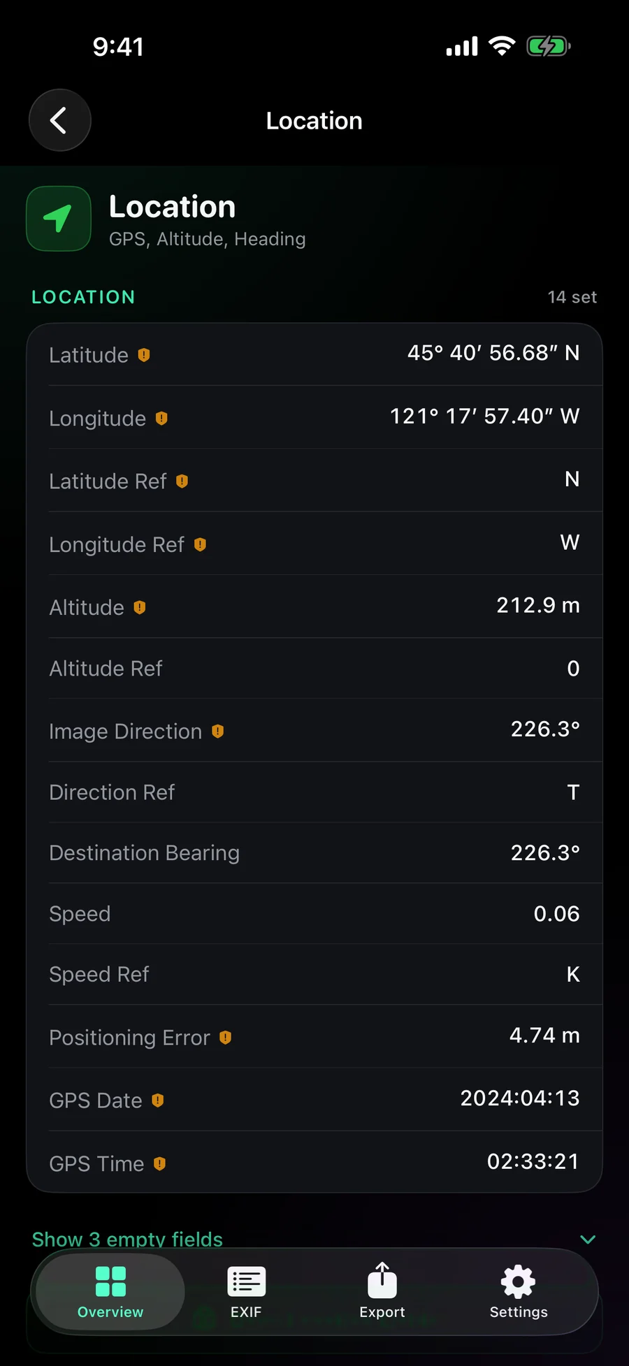 EXIF Magic GPS fields showing coordinates, altitude and heading
