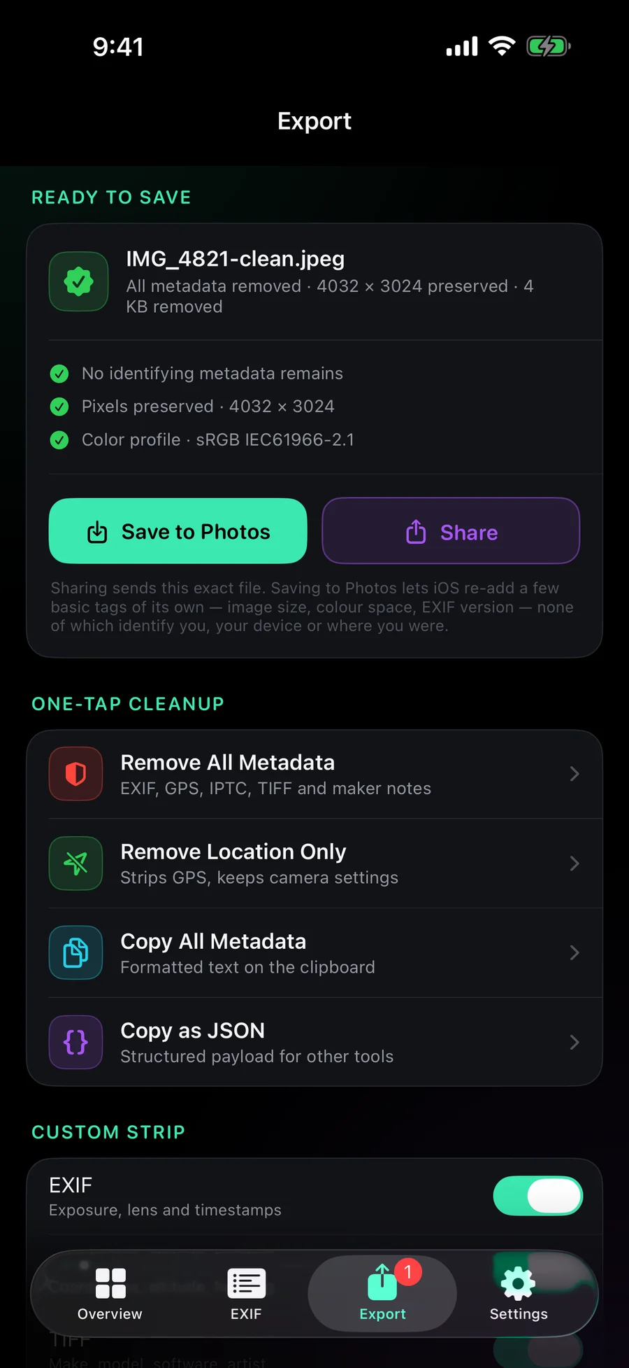 EXIF Magic verified export card confirming a cleaned copy