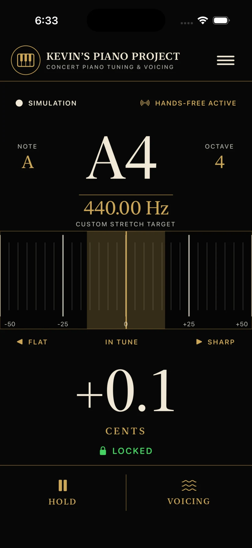 Kevin’s Piano Project tuner in the ebony and brass Concert Instrument theme