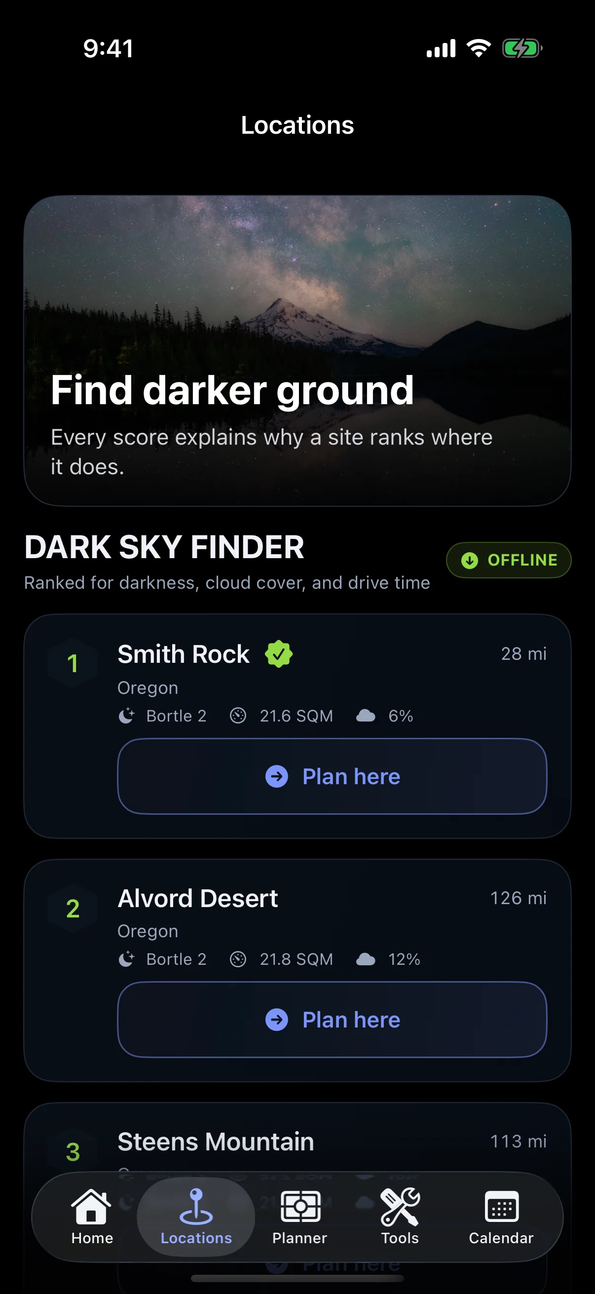 Milky Way Scout Locations showing dark-site search and ranked curated sites