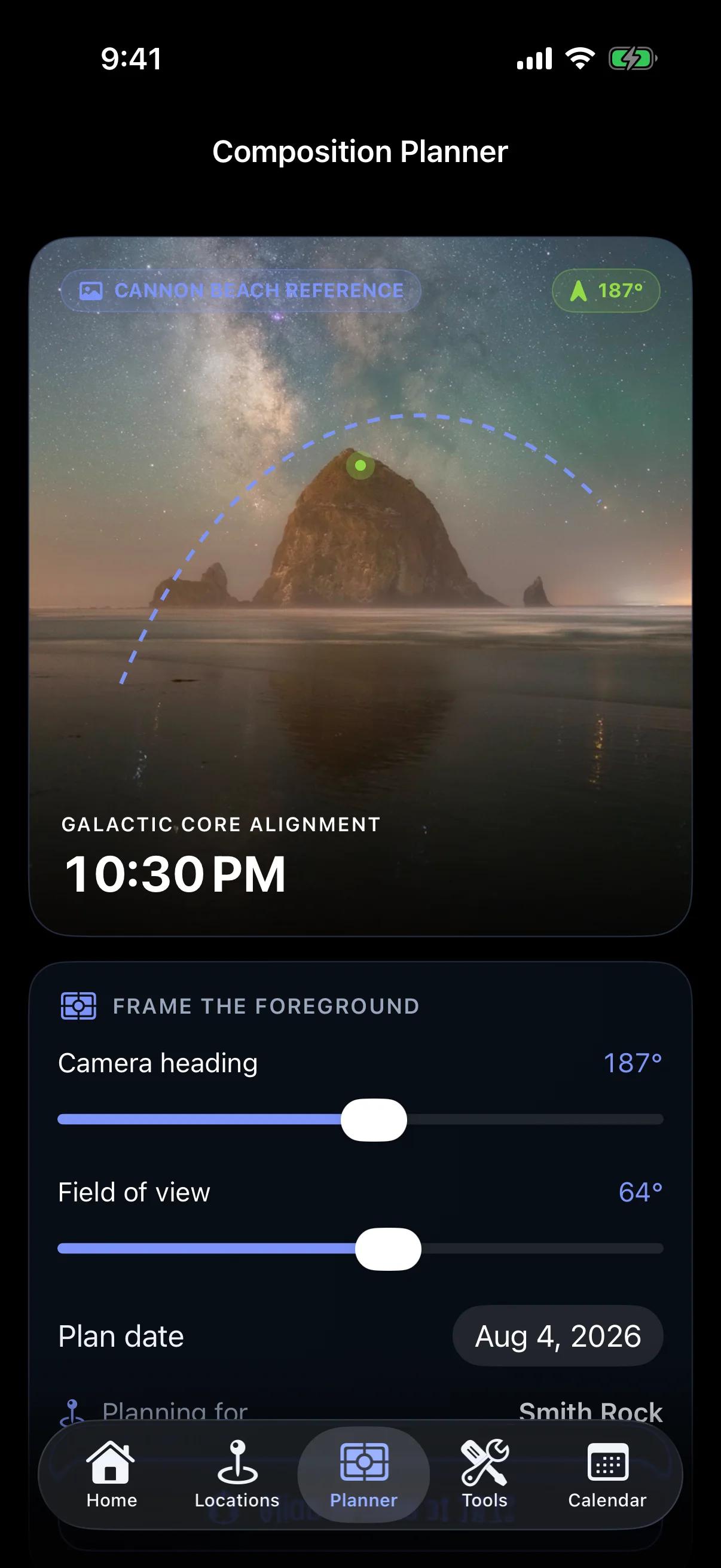 Milky Way Scout composition planner aligning the Galactic Core over Cannon Beach
