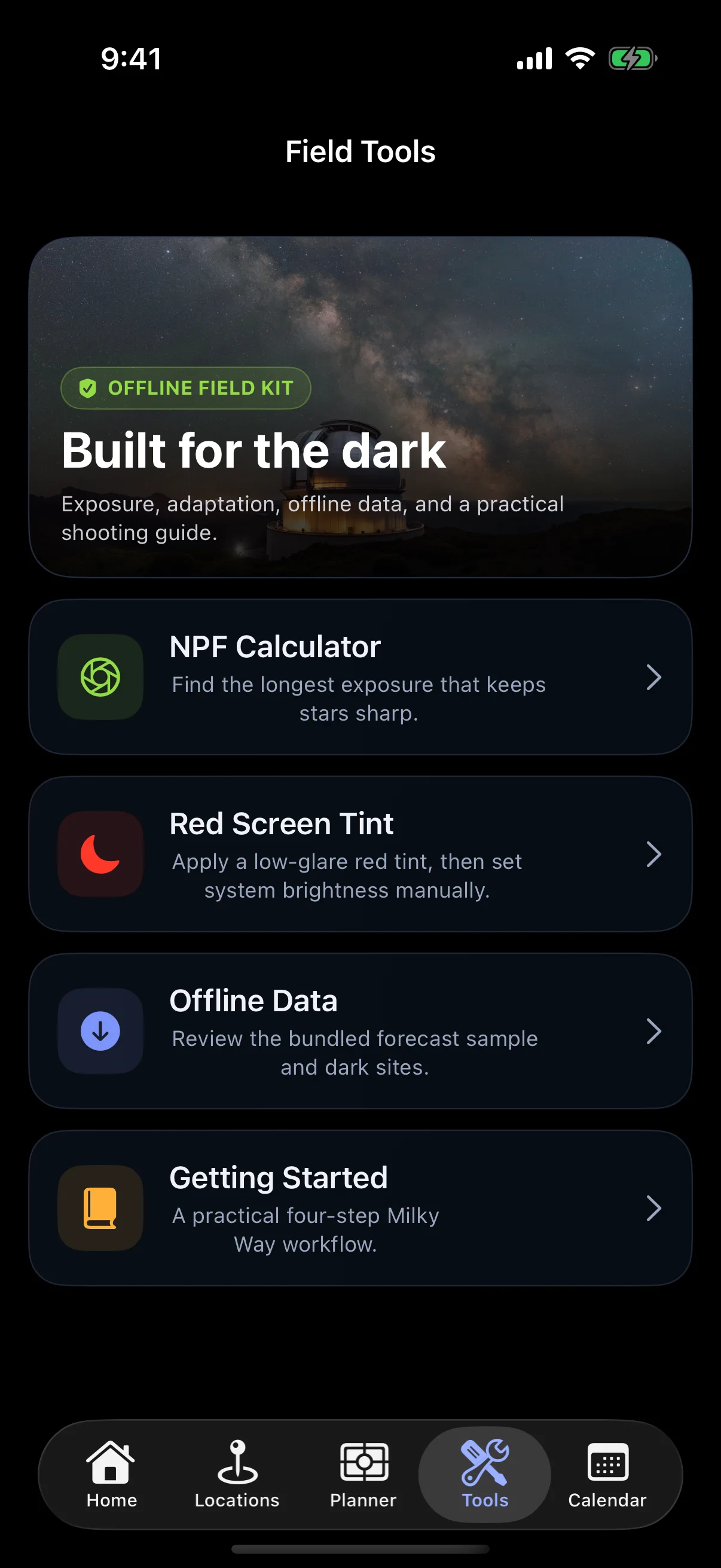 Milky Way Scout field tools with the NPF calculator, Field Guide, privacy, and Settings