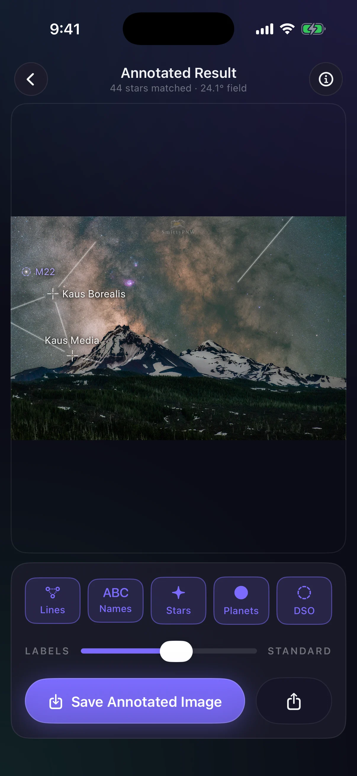 Night Atlas annotated result with Sagittarius labels over the Three Sisters mountains