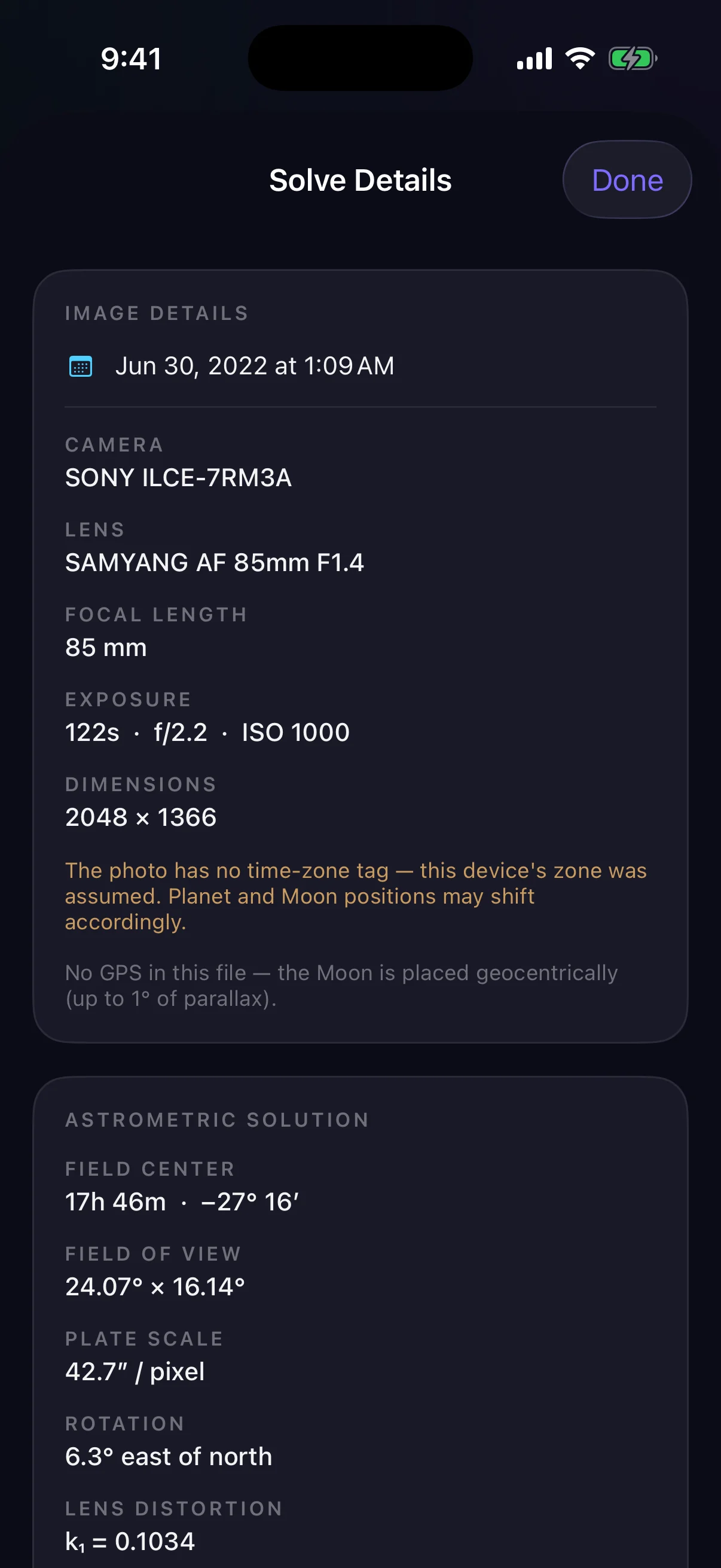 Night Atlas solve details panel with field center, plate scale, and residual