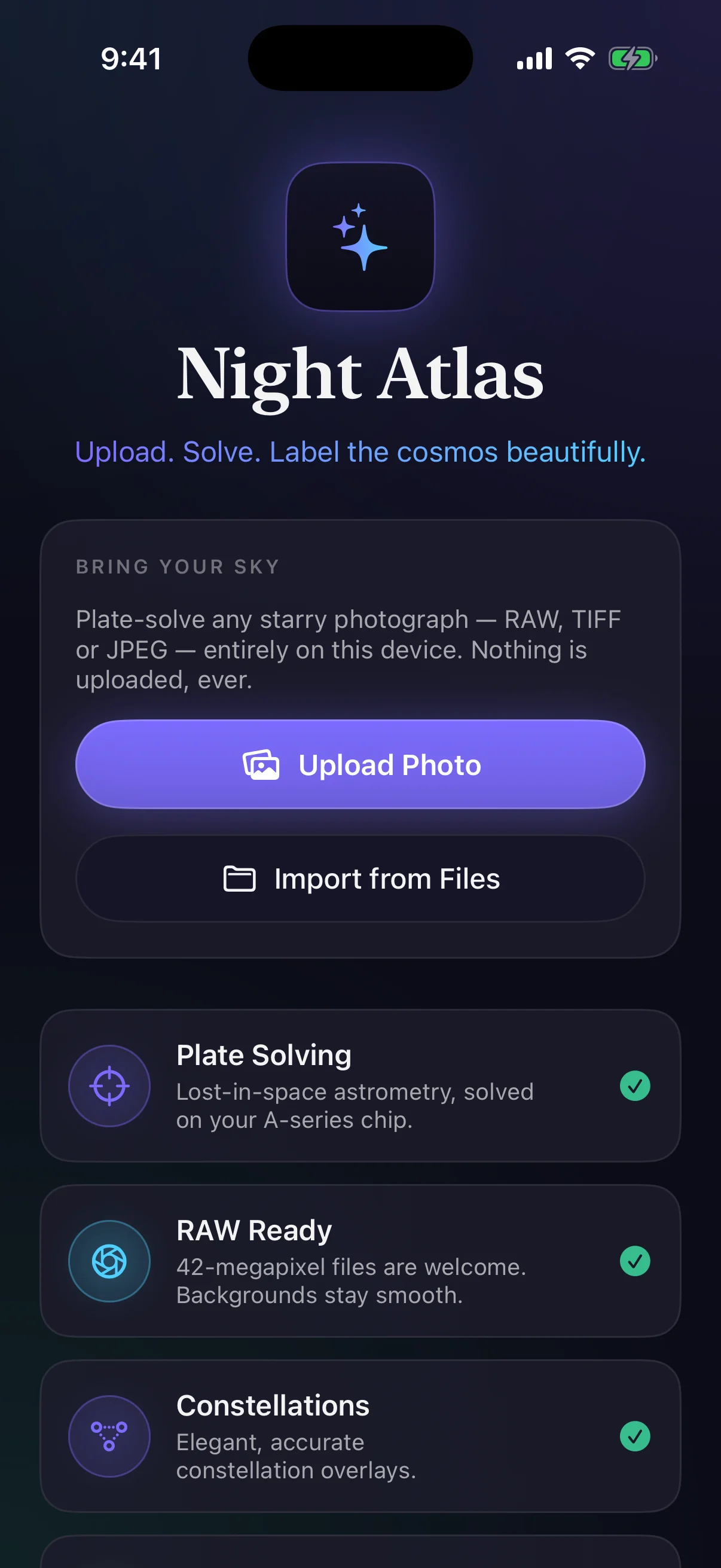 Night Atlas home screen with upload card and feature list