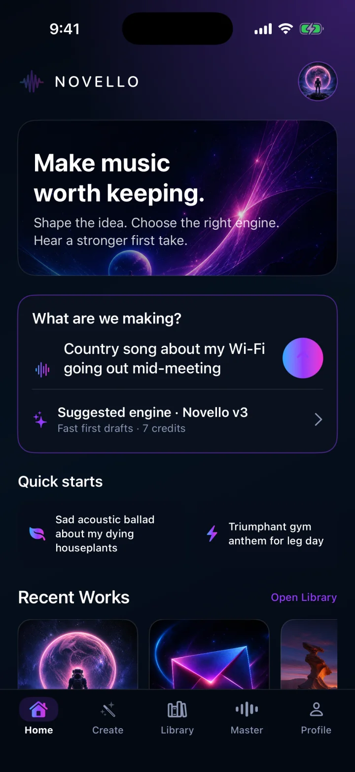 Novello home screen with a cosmic music prompt and recent projects