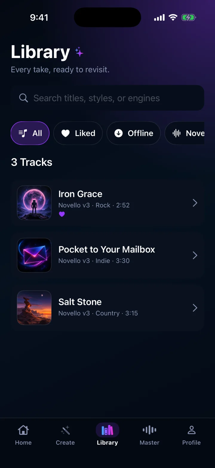 Novello Library showing saved songs, versions, and playback controls