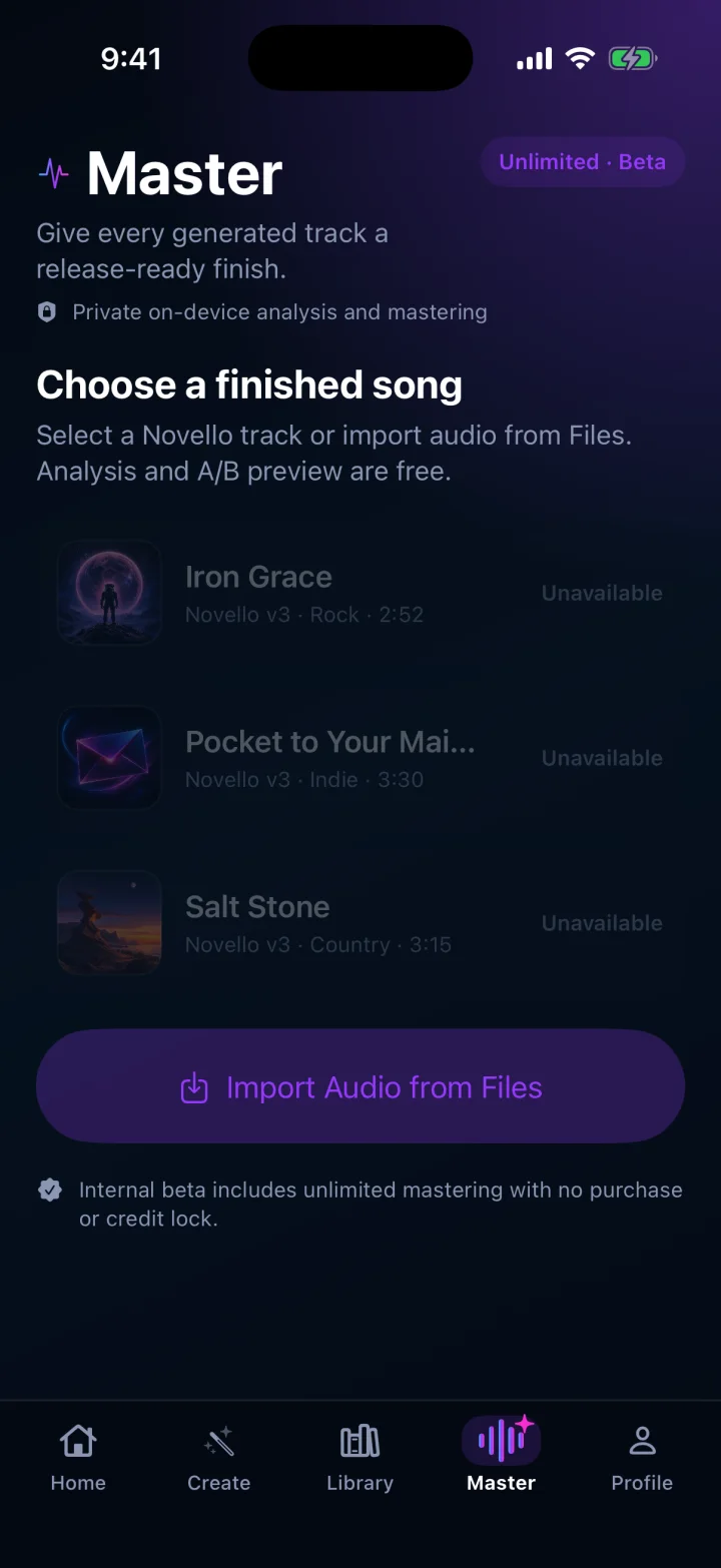 Novello Master workspace with tone controls and export action