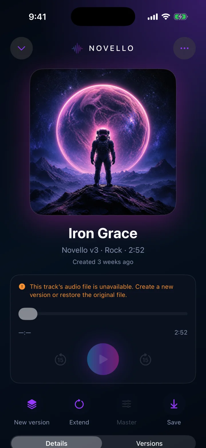 Novello Now Playing screen for a generated song