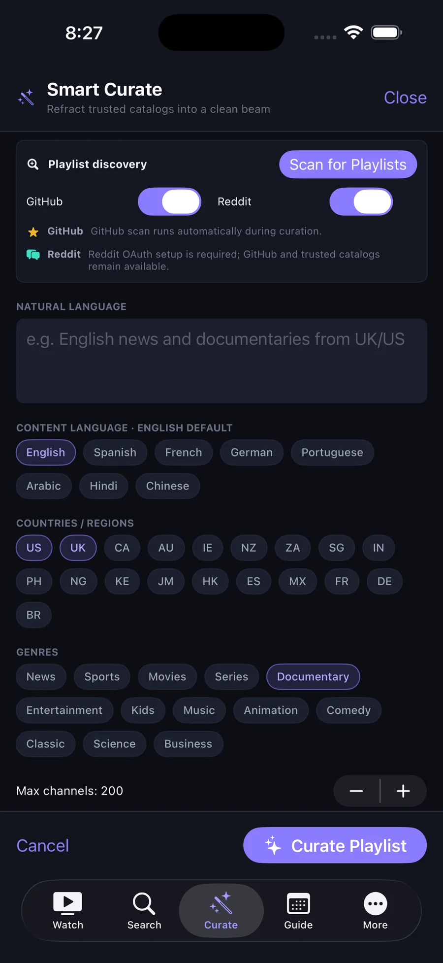 Prism Smart Curate on iPhone with GitHub and Reddit discovery toggles