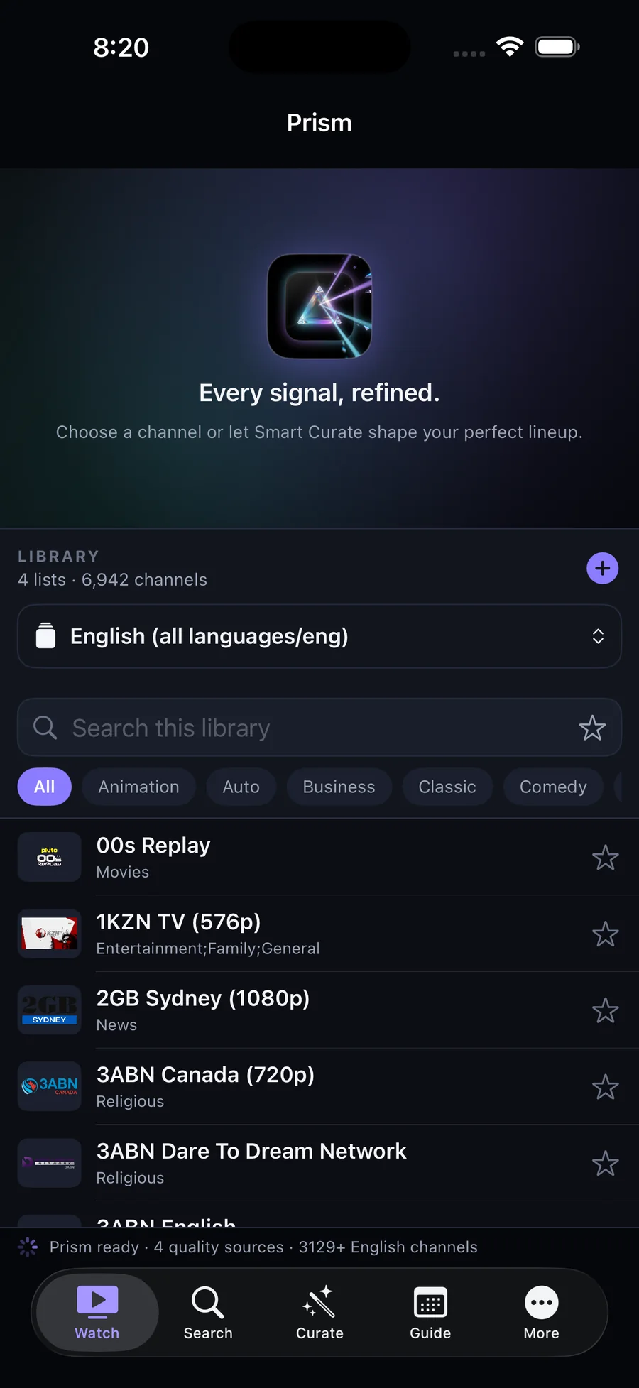 Prism library on iPhone showing 6,942 channels across four lists