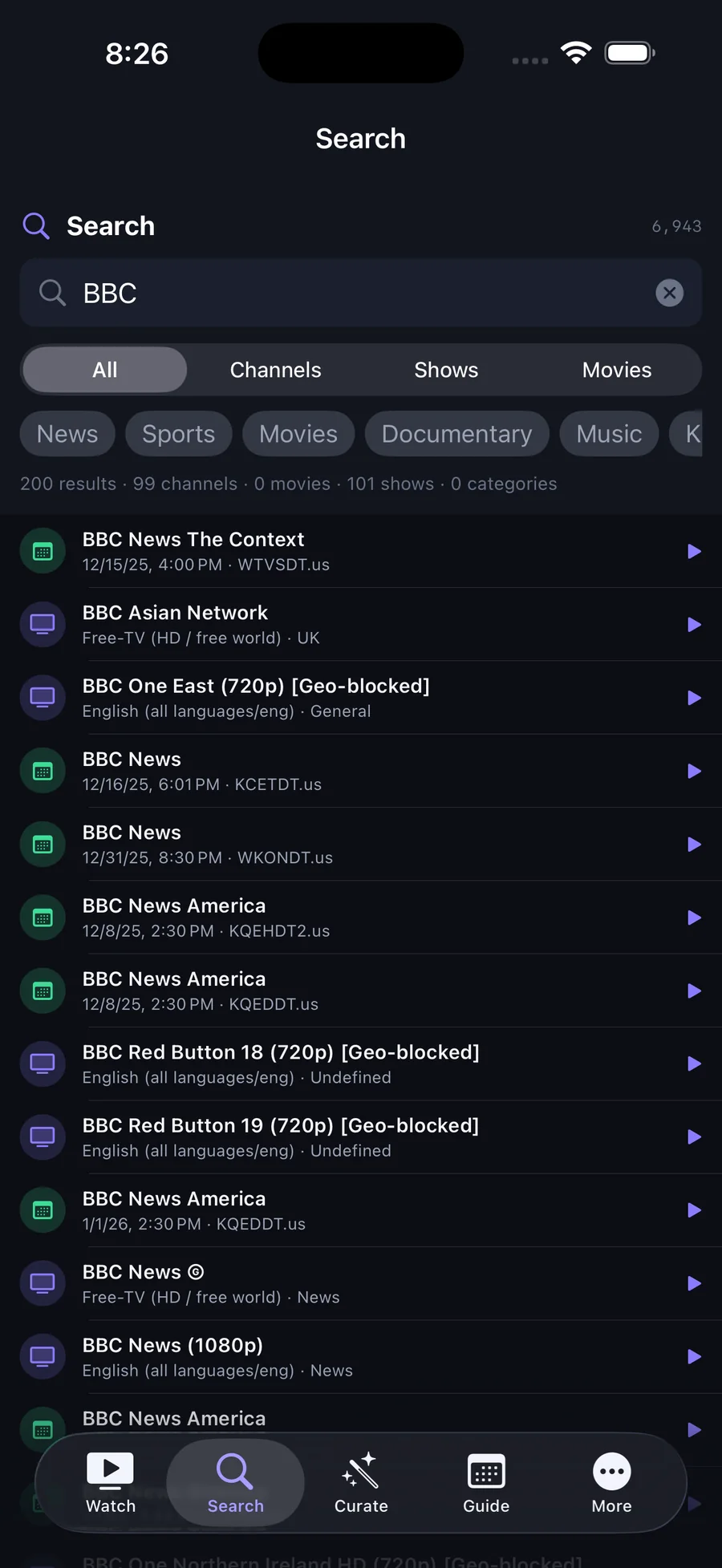 Prism search on iPhone returning channels and programme-guide shows for BBC