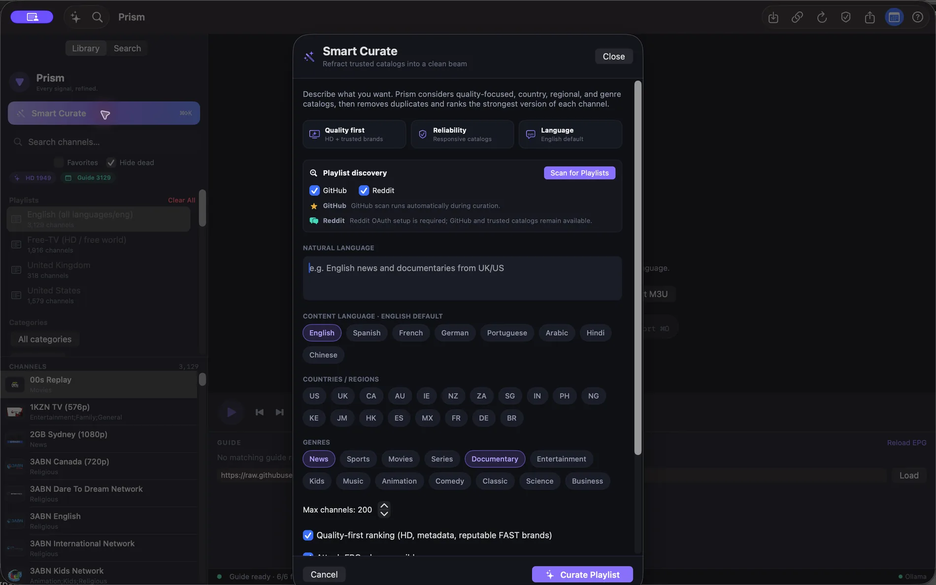 Prism Smart Curate on macOS with language, country, and genre controls and playlist discovery
