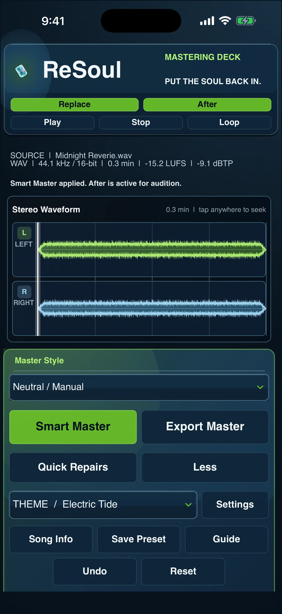 ReSoul advanced controls with theme, preset, and song information tools