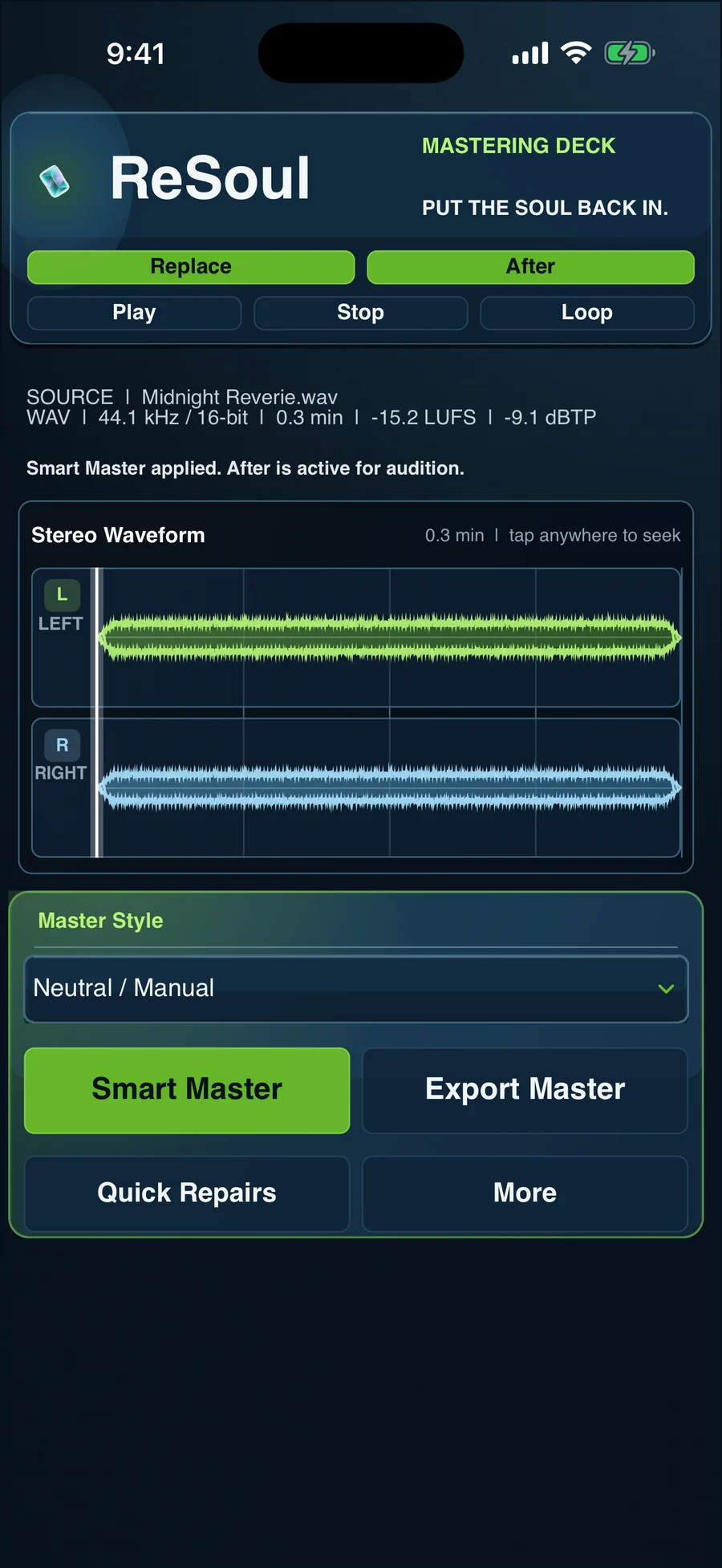 ReSoul mastering deck showing stereo waveform and loudness readout after a master