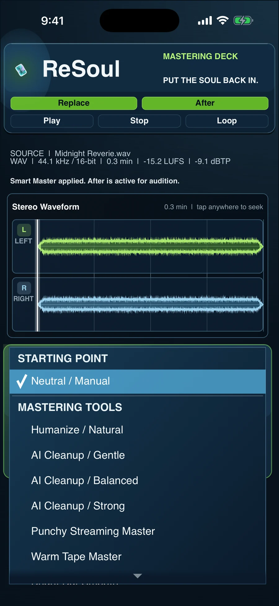 ReSoul starting point library with mastering tools and genre profiles