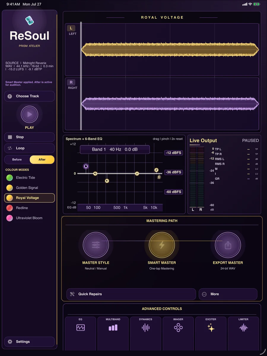 ReSoul mastering workspace on iPad
