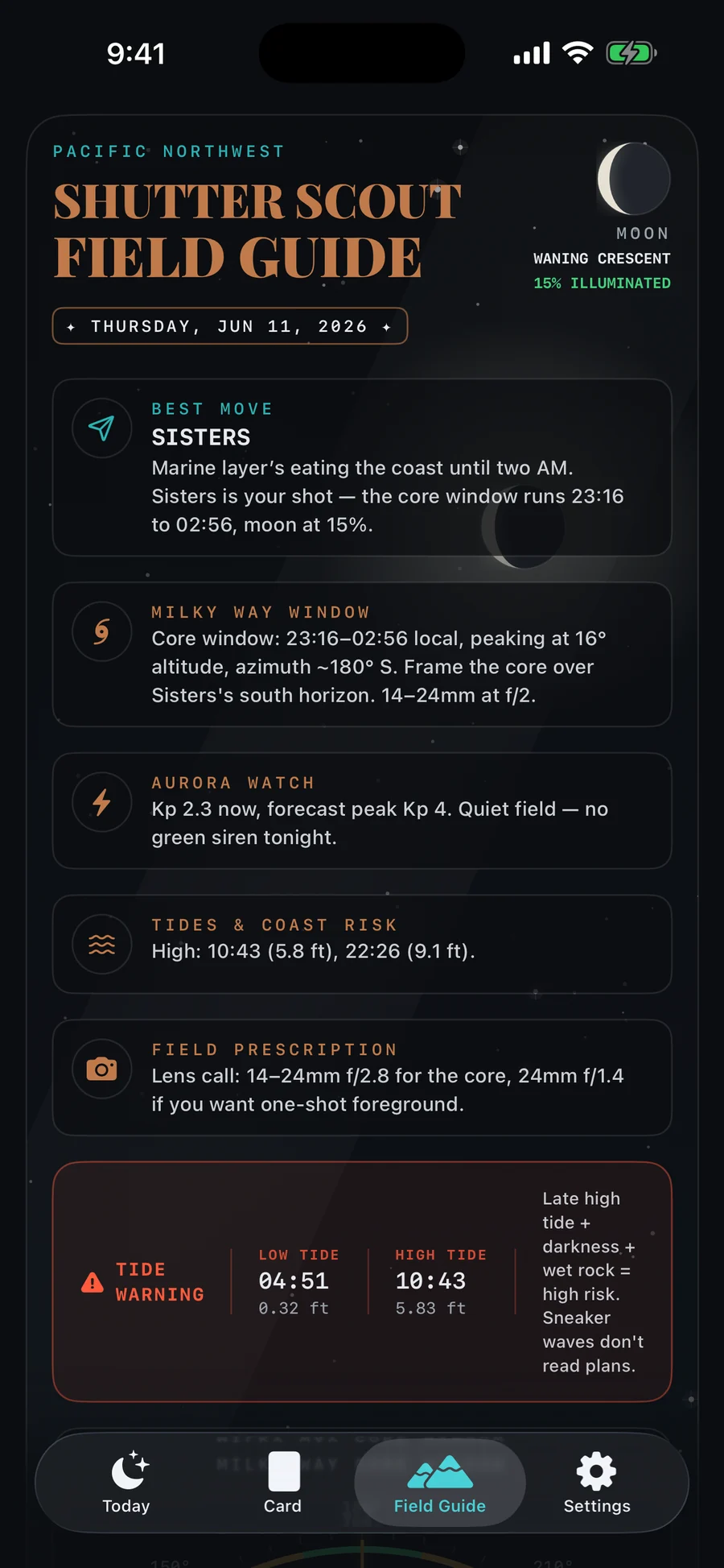 Shutter Scout field guide with core window, aurora watch, tides and a field prescription