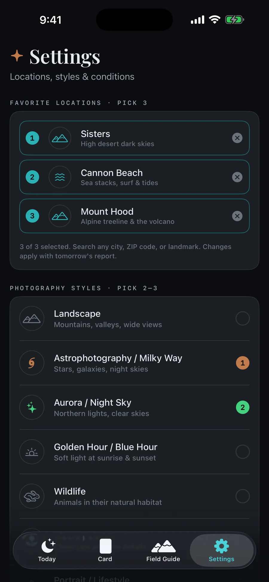 Shutter Scout settings for favourite locations and photography styles
