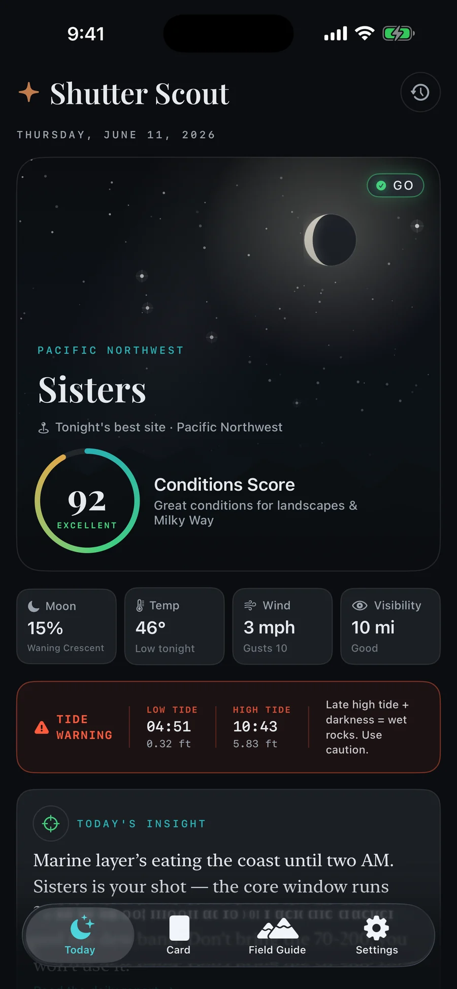 Shutter Scout today view with a conditions score and tonight’s best site