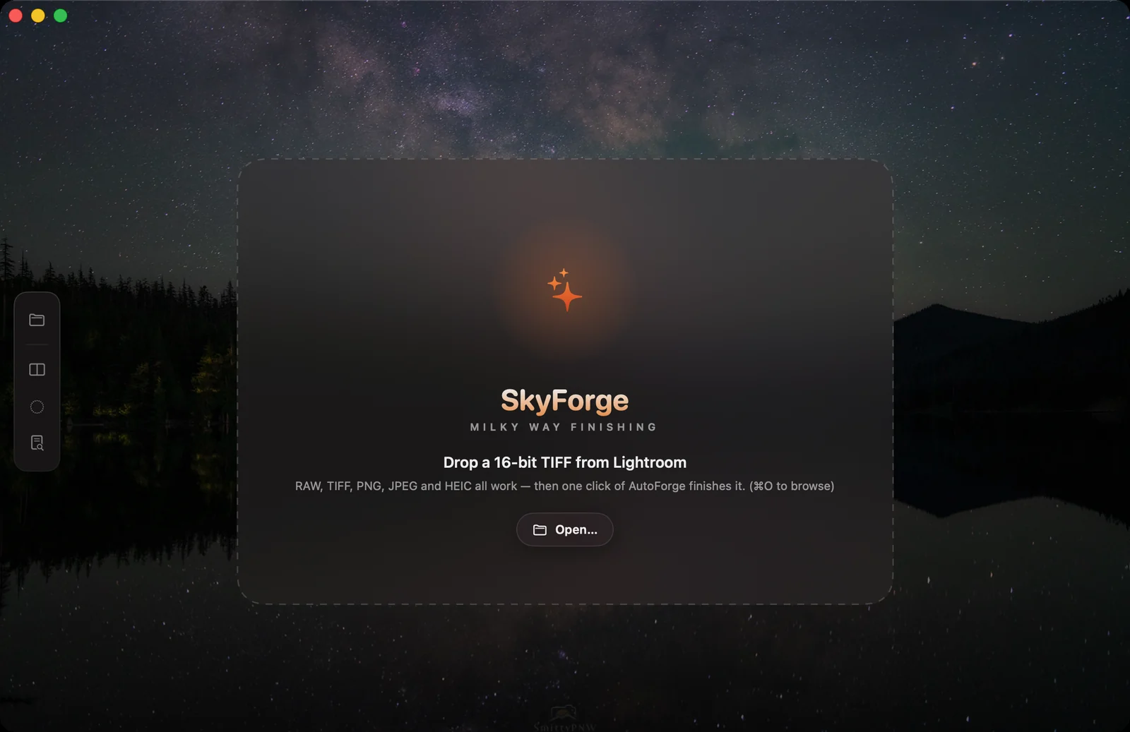 SkyForge welcome screen inviting a 16-bit TIFF
