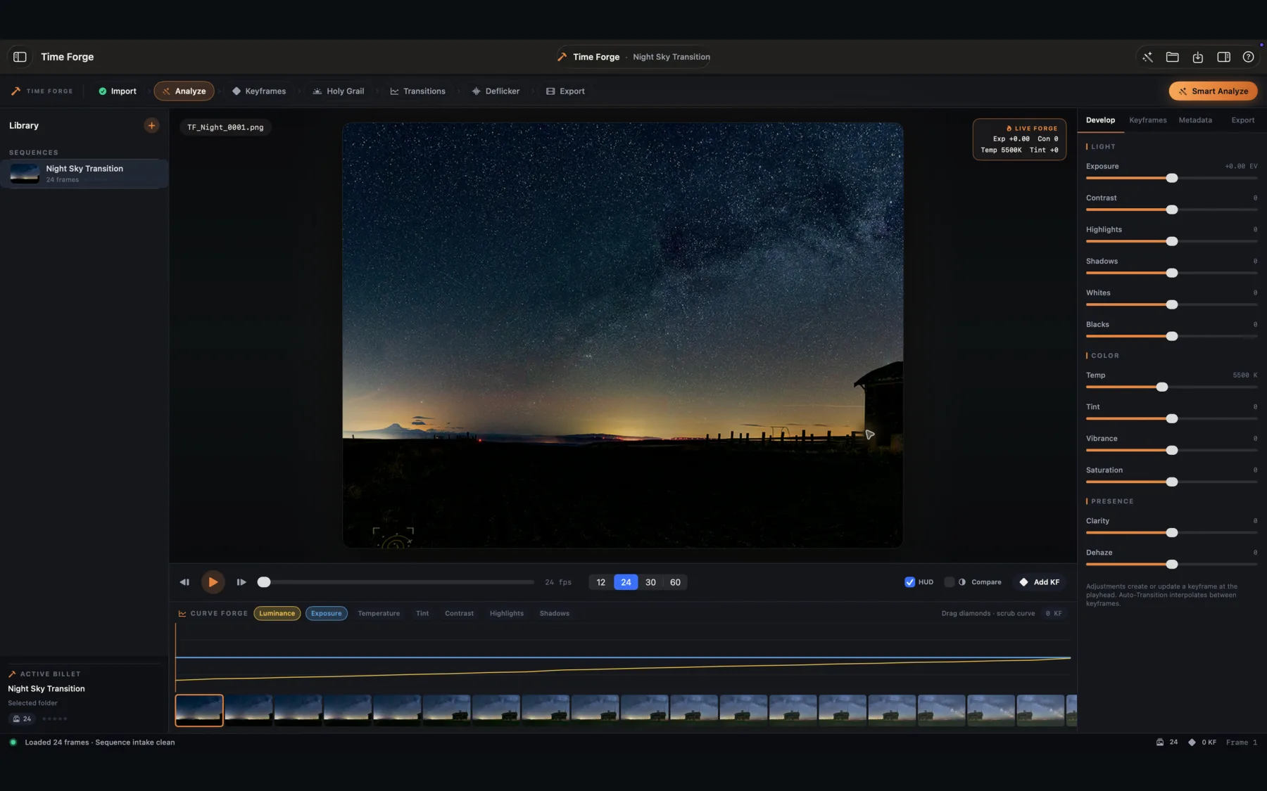 Time Forge Live Develop controls shaping a timelapse frame
