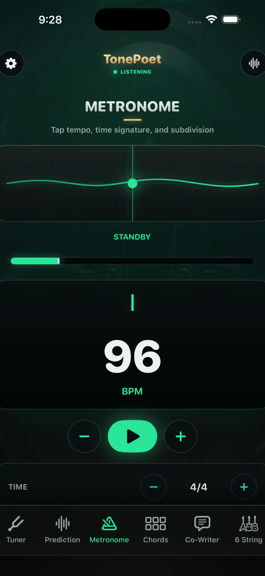 TonePoet metronome with subdivision controls