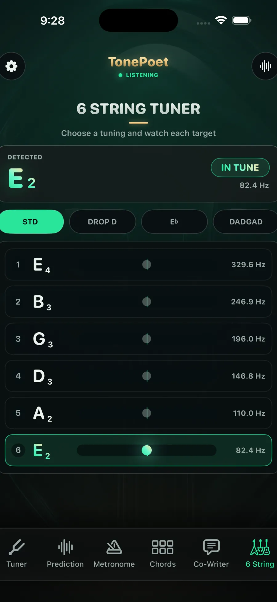 TonePoet alternate six-string tuning view