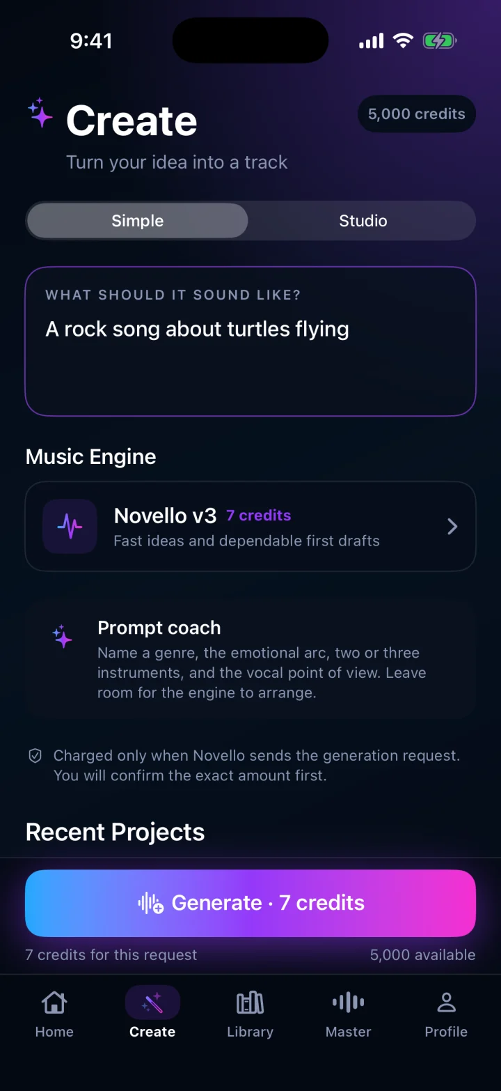 Novello Create screen with a selected music engine, guided prompt, and exact credit action