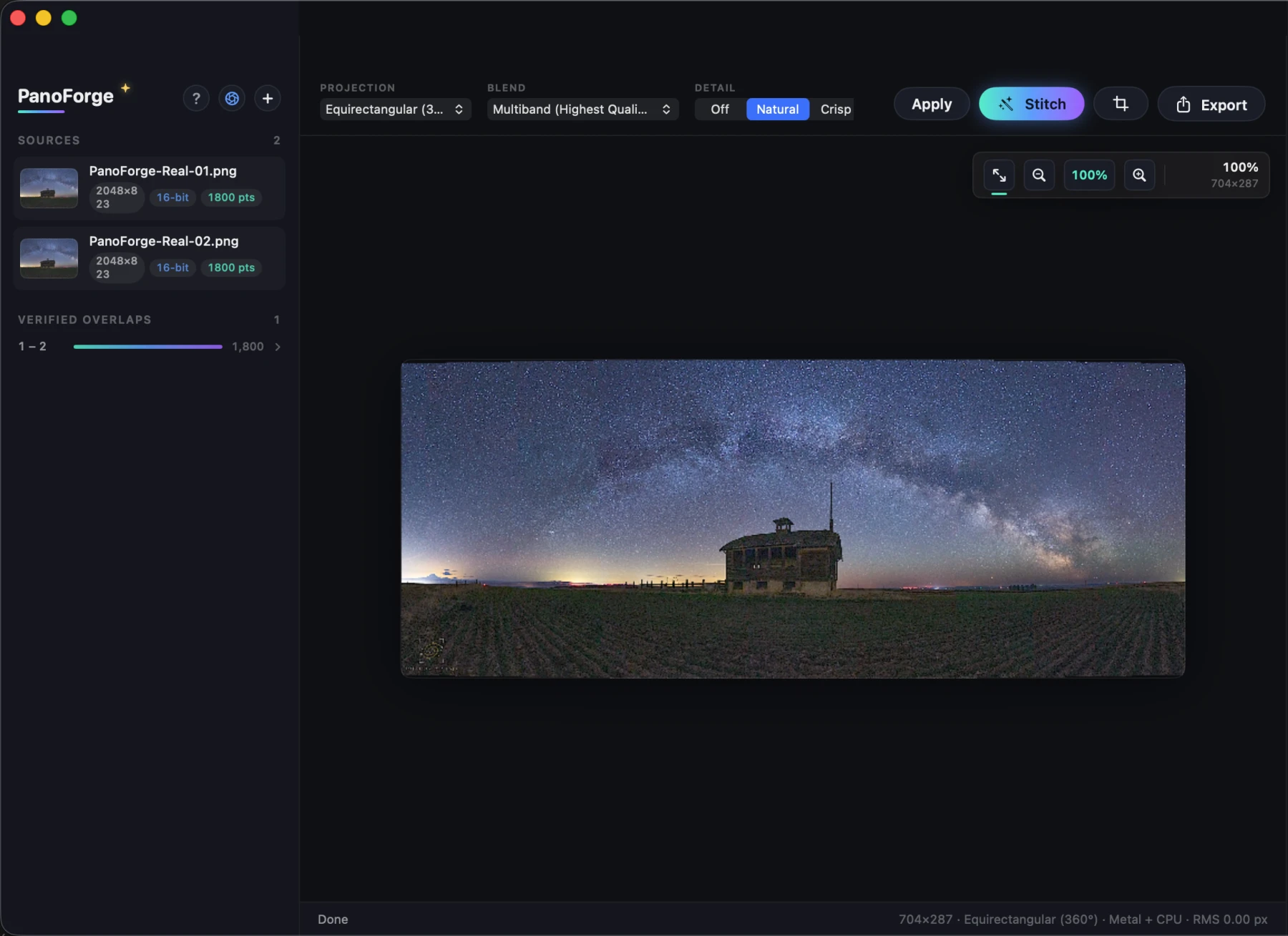PanoForge current macOS workspace stitching a real Milky Way panorama