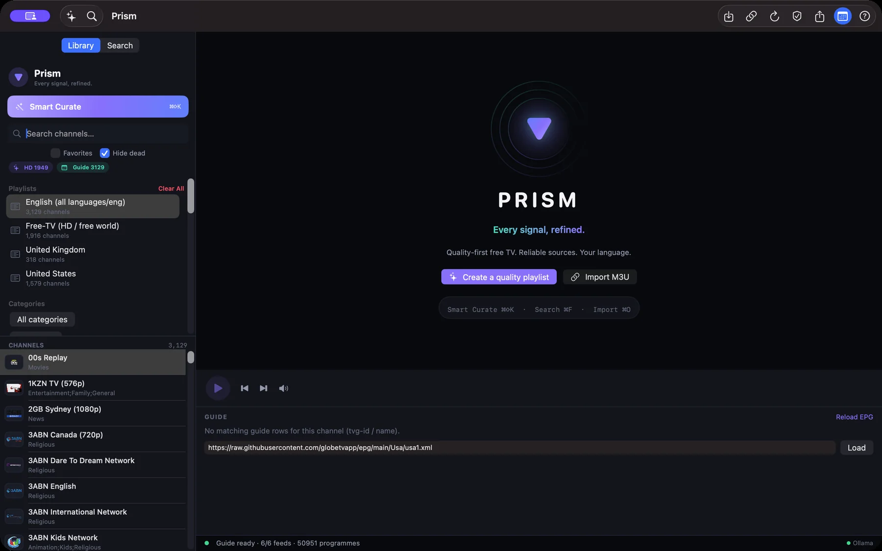 Prism on macOS with an English channel library and six guide feeds loaded