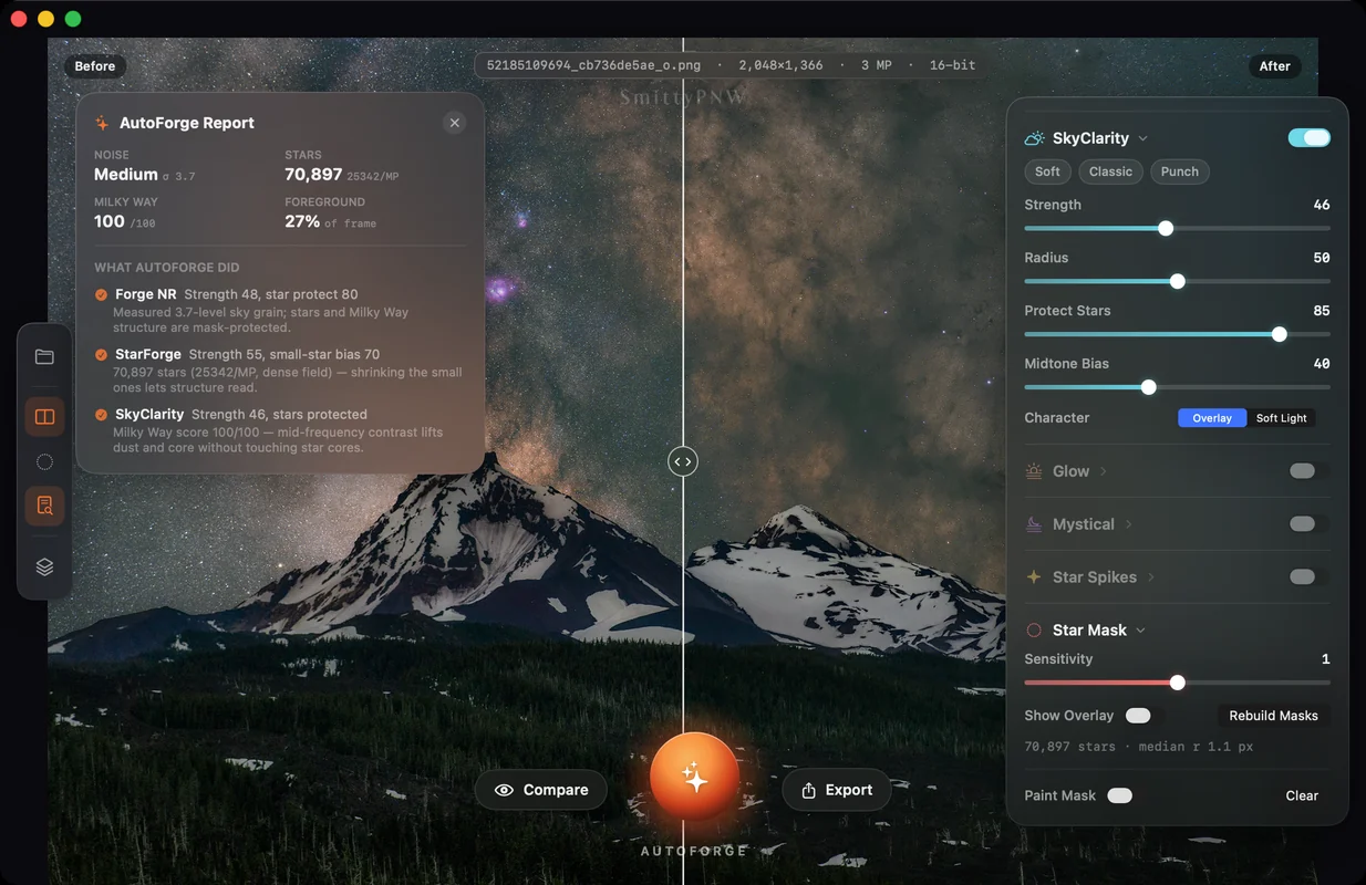SkyForge finishing a Milky Way nightscape on macOS